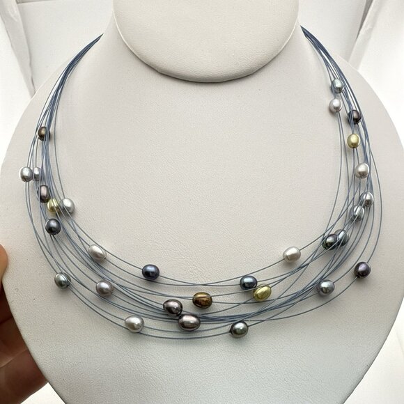 Honora Pearl Necklace Illusion Wire Blue Multi Color Gray Multi Strand Box - Picture 13 of 15